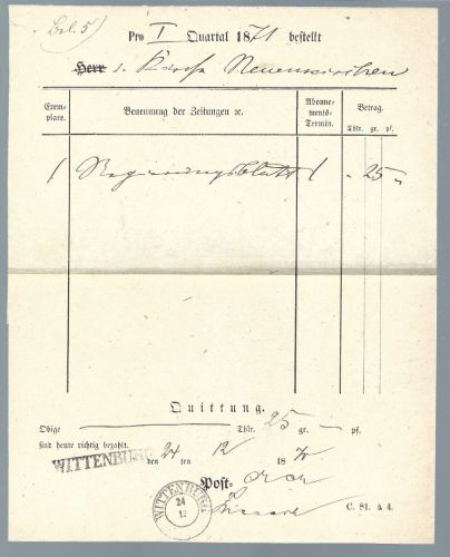 Mecklenburg-Schwerin Zeitungsquittung mit L1 und K2 Wittenburg
