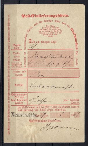 Mecklenburg-Strelitz L1 Neustrelitz a. Postschein, ü. 350 Th. n. Gotha
