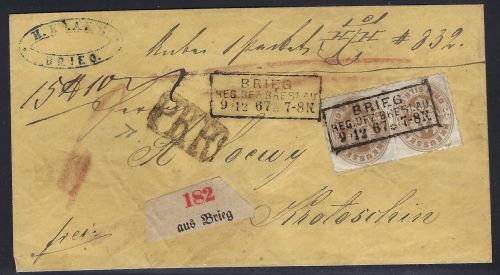 Preußen Mi 18 Paar MeF mit Ra3 Brieg, Einschreiben nach Krotschin