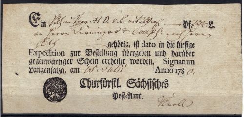 Thurn und Taxis Vorphila, Ortsdruck-Postschein Langensalza 1780