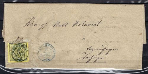 Württemberg Mi 2 als EF mit blauem K2 Maulbronn n. Vaihingen