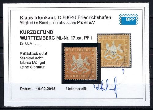 Württemberg Mi 17 xa ° mit PF I, KB Irtenkauf BPP