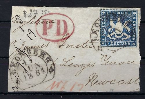 Württemberg Mi 27 Luxus Briefstück, Steigbügelstempel Leonberg und PD