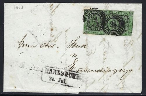 Baden Mi 6 Paar, MeF Ringstempel 24 Carlsruhe n. Emmendingen