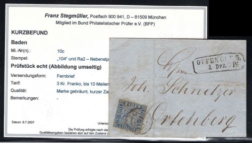 Baden Mi 10c EF mit Ra2 "Offenburg" und Ringstempel 104, KB Stegmüller