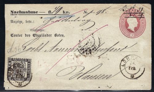 Baden Nachnahme-Ganzsache 3 Kr.+Mi 17 Lörrach ü. Schopfheim n. Hausen