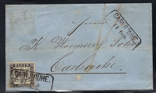 Baden Mi 17 EF mit Ra2 Carlsruhe Ortsbrief