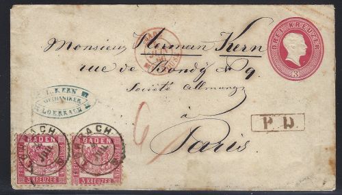 Baden GA-U 3 Kr. + Mi 18 (2) Auslandsbrief Lörrach n. Paris