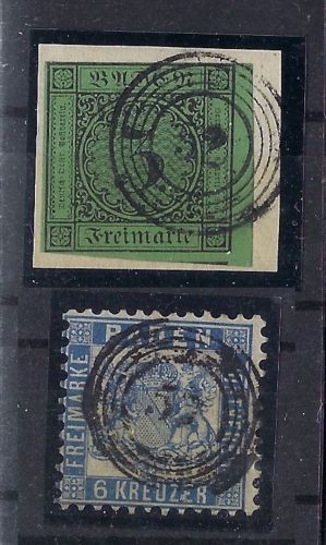Baden Ringstempel 52 "Griesbach" auf 3 Kr. grün und 6 Kr. blau