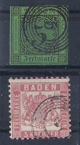 Baden Ringstempel 5 "Allensbach" auf 3 Kr. grün und 3 Kr. rot