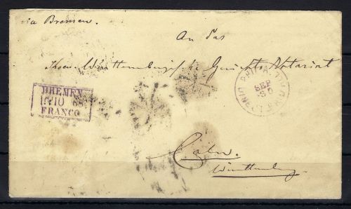 Bremen Vorphilabrief Philadelphia-Köln mit viol. Ra3 Bremen Franco