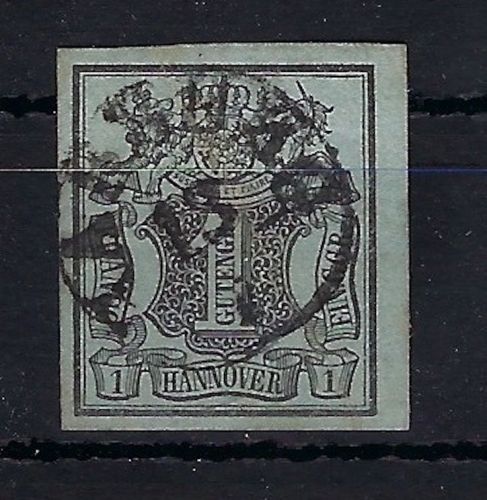 Hannover Mi 1 ° breitrandig mit K1 Hamburg, zentrisch gestempelt