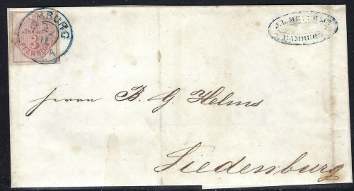 Hannover Mi 13 vollrandig EF mit blauem K2 Hamburg n. Liedenburg