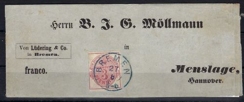 Hannover Mi 13 EF auf Firmenbrief mit klarem K1 Bremen in blau