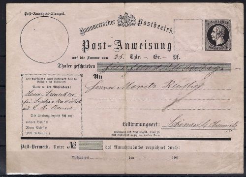 Hannover Postanweisung A3, ausgefüllt vom Absender nicht befördert