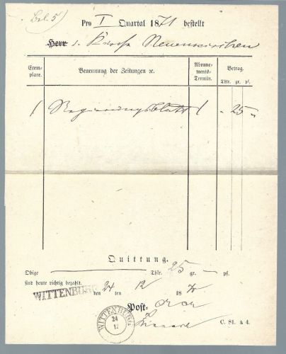 Mecklenburg-Schwerin Zeitungsquittung mit L1 und K2 Wittenburg