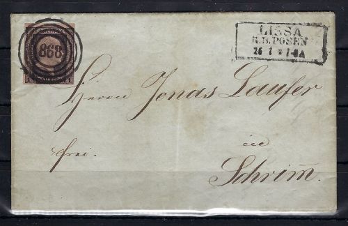 Preußen Mi 2a EF mit klarem Nr.-St. 868 und Ra3 Lissa R.B. Posen 26.7