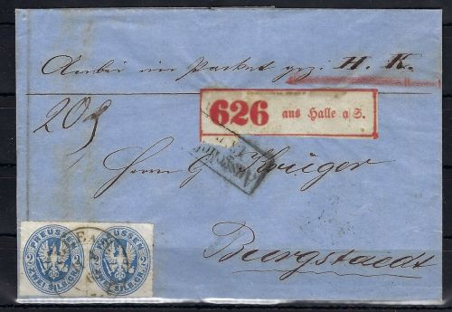 Preußen Mi 17 Paar Einschreiben MeF mit blauem K2 Halle n. Burgstaedt