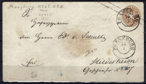 Preußen GA mit K2 Franzburg n. Hildesheim (blauer K2 Ankunftstempel)..