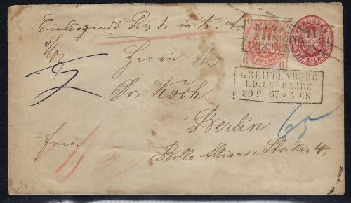 Preußen GA +Mi 15 Wertbrief mit Ra3 Greifenberg n. Berlin