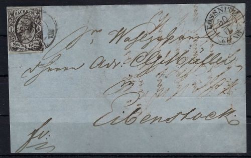 Sachsen Mi 8 II vollrandig als EF mit K2 Lössnitz n. Sachsen