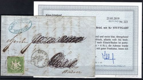 Württemberg Mi 13 b EF aus Stuttgart, Befund Irtenkauf BPP, ME 700€