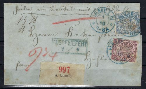 NDP Mi 1 + 5 MiF paketbegleitbrief Hameln n. Hehlen + Ra2 ausgeliefert