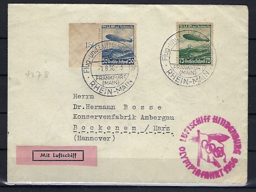 DR Zeppelinbrief Olympiafahrt 1936 mit Mi 606-607