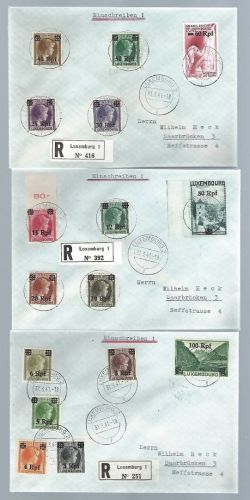 Luxemburg, Mi 17-32 auf 3 Einschreibebriefe, Luxemburg-Saarbrücken