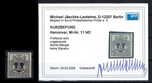 P) Hannover Mi 11ND, amtl. Neudruck für die königliche Familie, Mängel