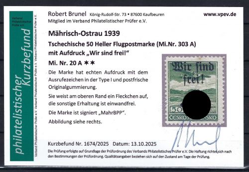 Sudetenland / Mährisch Ostrau Mi 20A ** mit KB Brunel VP