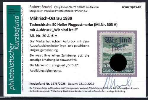 Sudetenland / Mährisch Ostrau Mi 20A ** mit KB Brunel VP