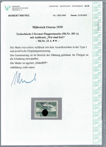 Sudetenland / Mährisch Ostrau Mi 22A ** mit Expertise Brunel VP