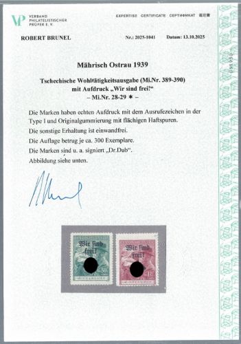 Sudetenland / Mährisch Ostrau Mi 28-29* mit Gummi, Expertise Brunel VP