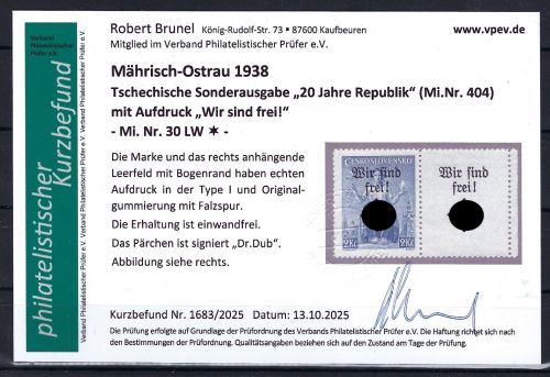 Sudetenland / Mährisch Ostrau Mi 30 LW * mit Gummi, KA Brunel VP