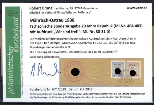 Sudetenland / Mährisch Ostrau Mi 30-31 auf Briefstück mit KB Brunel VP