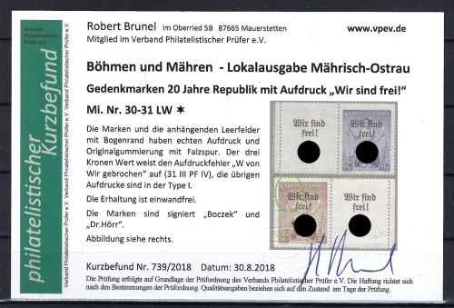 Sudetenland / Mährisch Ostrau Mi 30-31 LW * mit Gummi, KB Brunel VP