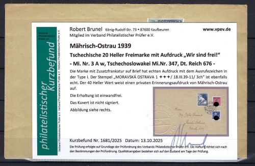 Sudetenland / Mährisch Ostrau Mi 3 Aw Brief, mit KB Brunel VP
