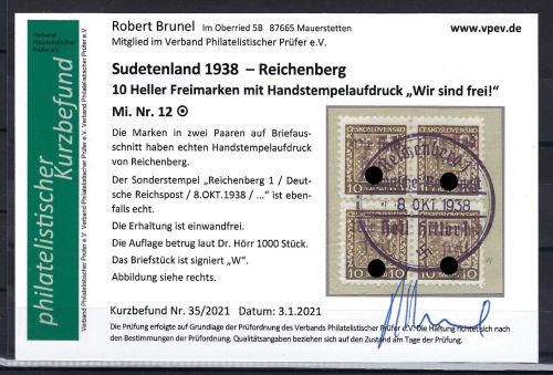 Sudetenland / Reichenberg Mi 12 VB °, Luxus Briefstück, KB Brunel VP