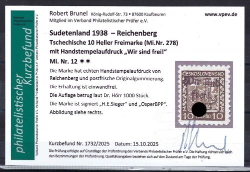 Sudetenland / Reichenberg Mi 12 ** einwandfrei, KB Brunel VP