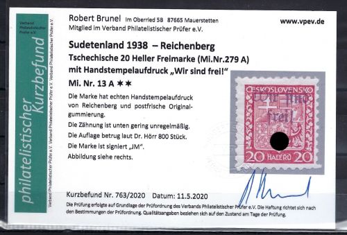 Sudetenland/Reichenberg Mi 13 A** (Auflage 800 Stk.), mit KB Brunel VP