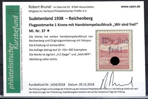 Sudetenland/Reichenberg Mi 37 A * (Auflage 400 Stk.), mit KB Brunel VP