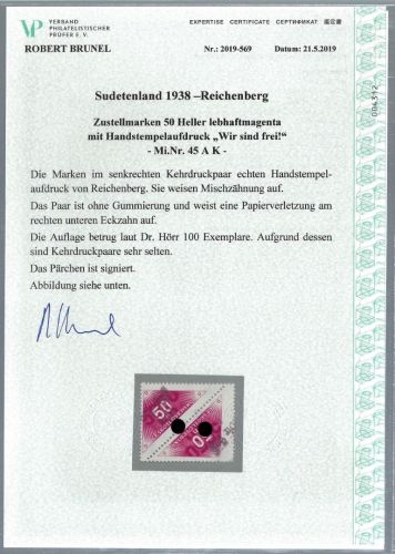 Sudetenland/Reichenberg Mi 45AK (*) (Aufl. 500 St.) Expertise Bunel VP