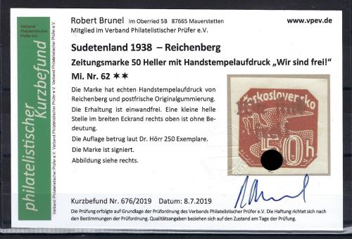 Sudetenland / Reichenberg Mi 62** (Auflage 250 Stk.), mit KB Brunel VP