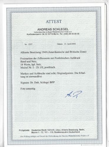 P) Bizone Mi I-IX I/II ** einwandfre, FFA Schlegel BPP, ME 1.800€