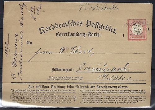 DR 1872, Mi 3 EF auf NDP Correspondenz-Karte mit Ra3 Metz-Bringenbrück