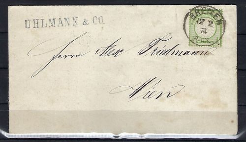DR Mi 17a EF Auslandsbrief Bremen n. Wien, Firmenst. L1 Uhlmann & Co.
