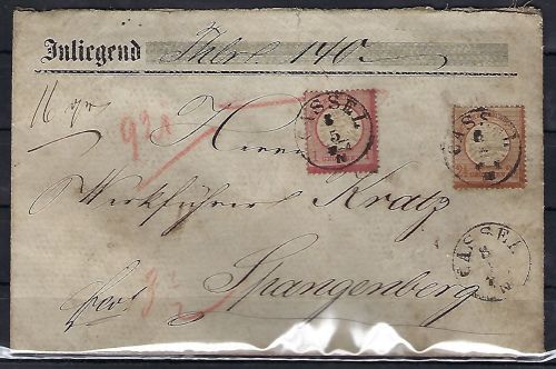 DR Mi 19 + 21a MiF auf Wertbrief 140 Thaler von Cassel n.Spangenberg