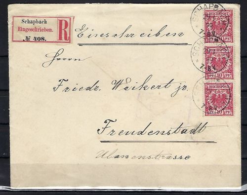 DR Mi 47 senk. Dreierstreifen Einschreiben Schapbach n. Freudenstadt