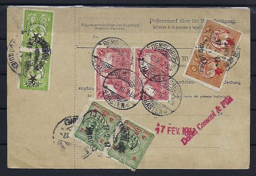 DR Mi 87 IIa+94 BII senk. Paar, Paketkarte Remscheid n. Constantinopel